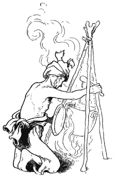 Man with kettle above fire.