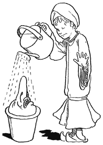 Boy watering pot from which nose is growing.