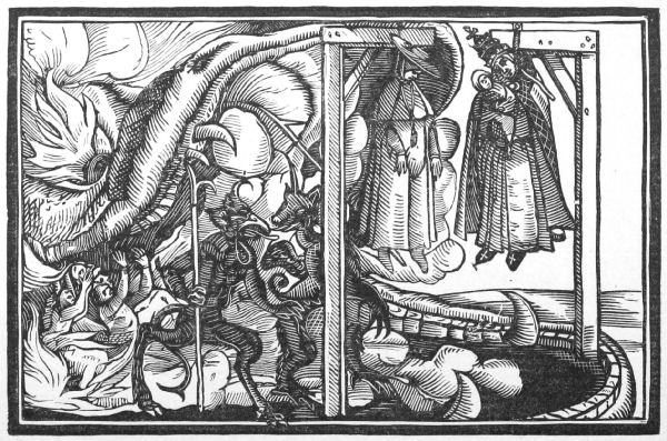 Pope Joan on the gallows, with two demons approaching