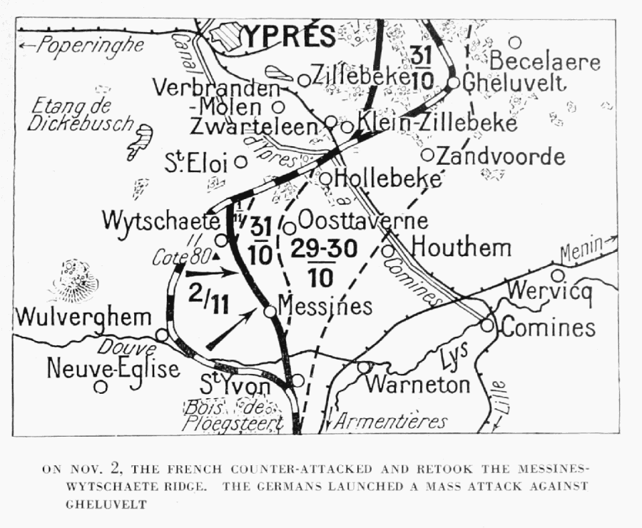ON NOV. 2, THE FRENCH COUNTER-ATTACKED AND RETOOK THE MESSINES-WYTSCHAETE
RIDGE. THE GERMANS LAUNCHED A MASS ATTACK AGAINST
GHELUVELT