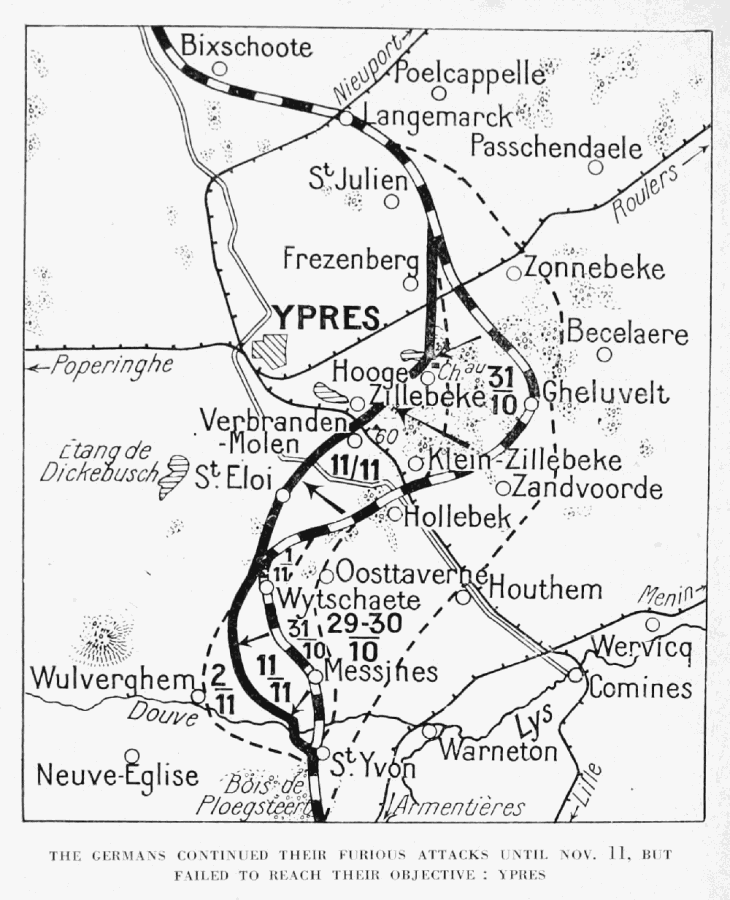 THE GERMANS CONTINUED THEIR FURIOUS ATTACKS UNTIL NOV. 11, BUT
FAILED TO REACH THEIR OBJECTIVE: YPRES