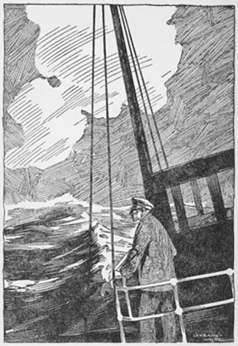 A sailor, standing on the deck of a ship, looking up at the sky.