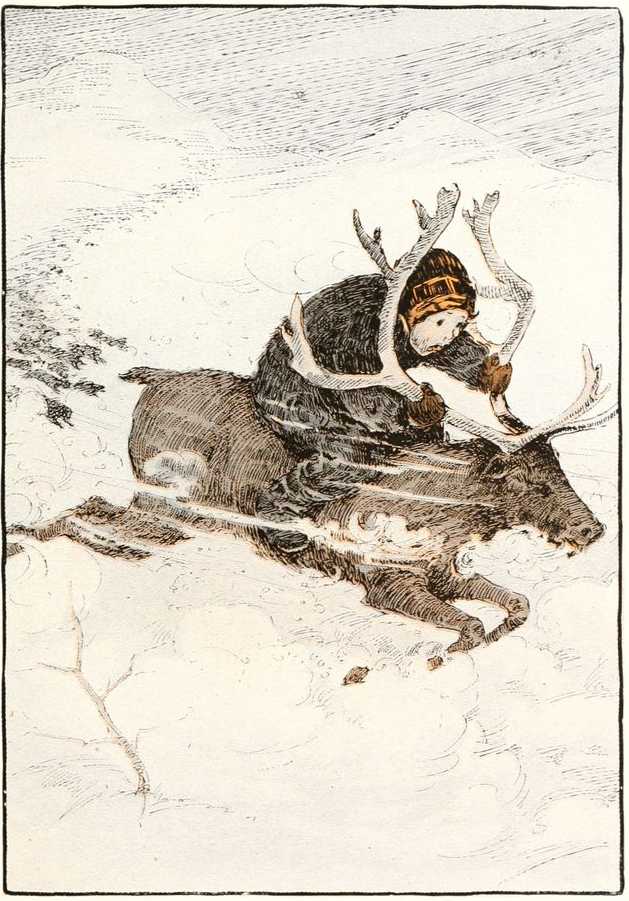 ON THE BACK OF THE REINDEER WITH GOLDEN HORNS.