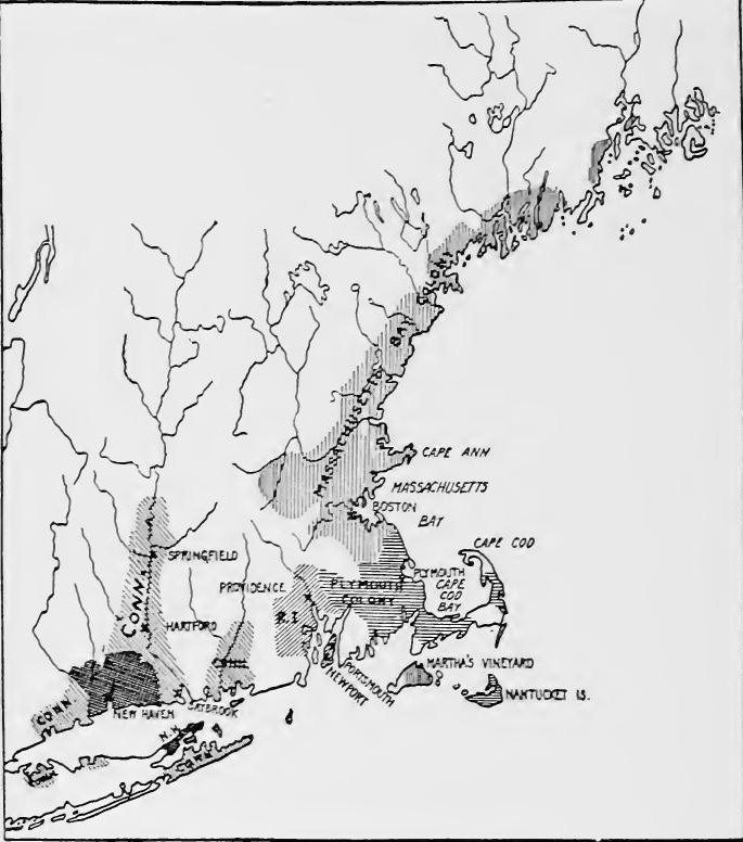 Settled areas in New England, about 1660.