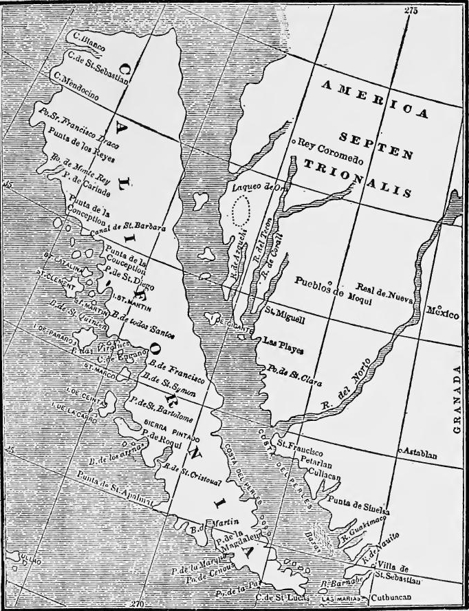 A Dutch Map Illustrating the Insular Theory of
California's Geography (1624-1625). (From Bancroft, North Mexican States
and Texas, I, 169).