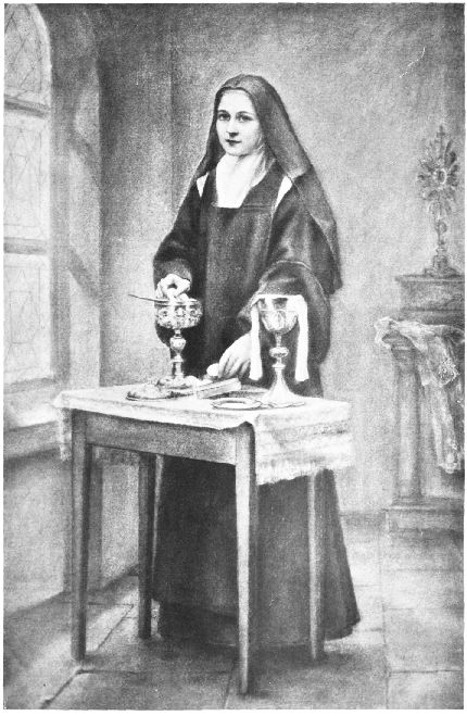 SŒUR THÉRÈSE DE L'ENFANT-JÉSUS

préparant les vases sacrés lorsqu'elle était sacristine.

(D'après une photographie de juin 1890.)