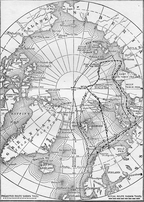 MAP OF THE ARCTIC REGIONS SHOWING ROUTE OF NANSEN AND THE FRAM