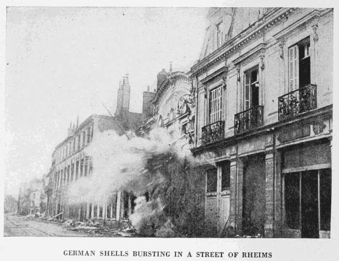 GERMAN SHELLS BURSTING IN A STREET OF RHEIMS