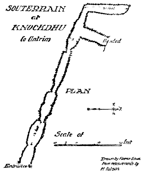 SOUTERRAIN of KNOCKDHU Co. Antrim - PLAN - Drawn by Florence Hobson from the
measurements made by M Hobson
