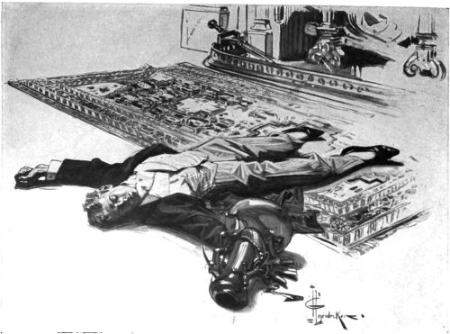 Mortmain ... lay motionless on the floor.