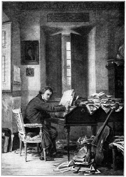 Beethoven at the piano apparently composing; the top of the piano and the floor cluttered with papers and notebooks.