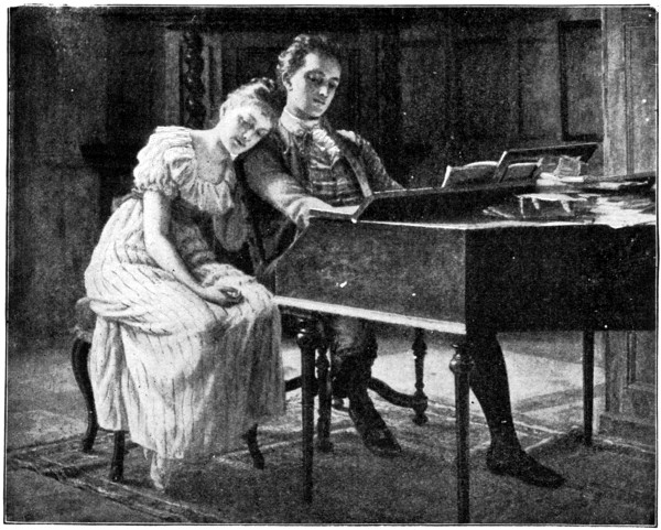 Young Mendelssohn playing a harpsicord with his sister next to him, leaning her head on his shoulder.