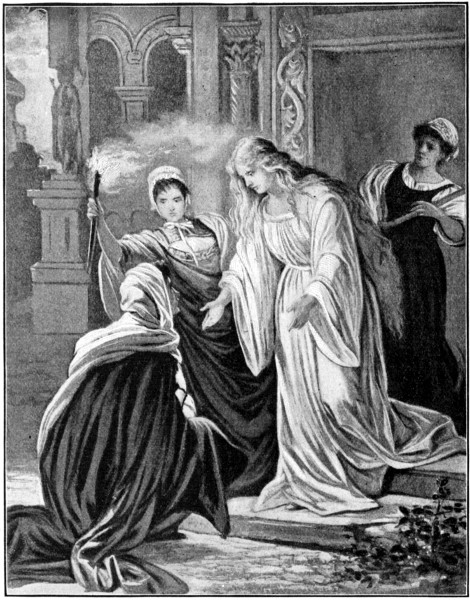 Ortrud kneeling at Elsa's doorstep and Elsa welcoming her, as maidservants look on.