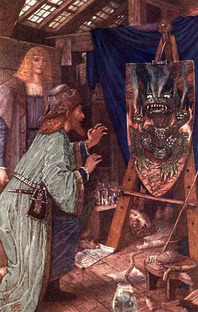 Leonardo frightens his Father with the Monster painted
on his Shield.