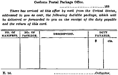 Customs post card notice, 1888.