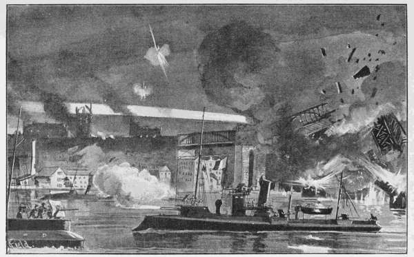 NEWCASTLE BOMBARDED: BLOWING UP OF THE HIGH LEVEL BRIDGE.