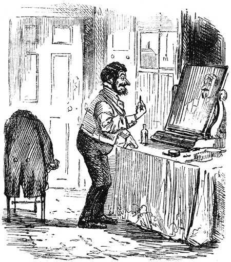 The Moustache Movement.—Old Mr. What's-His-Name: "Egad, I
don't wonder at moustaches coming into fashion; for—eh? What? By Jove, it
does improve one's appearance."

By John Leech in "Punch's Almanack," 1857.

SELECTED BY MR. CHARLES HARRISON.