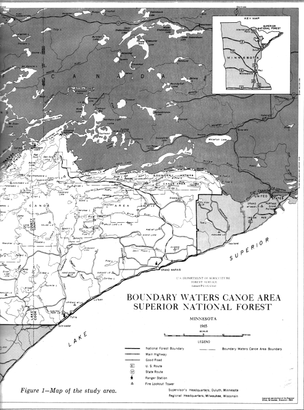 Figure 1 (right half)—Map of the study area.
BOUNDARY WATERS CANOE AREA SUPERIOR NATIONAL FOREST