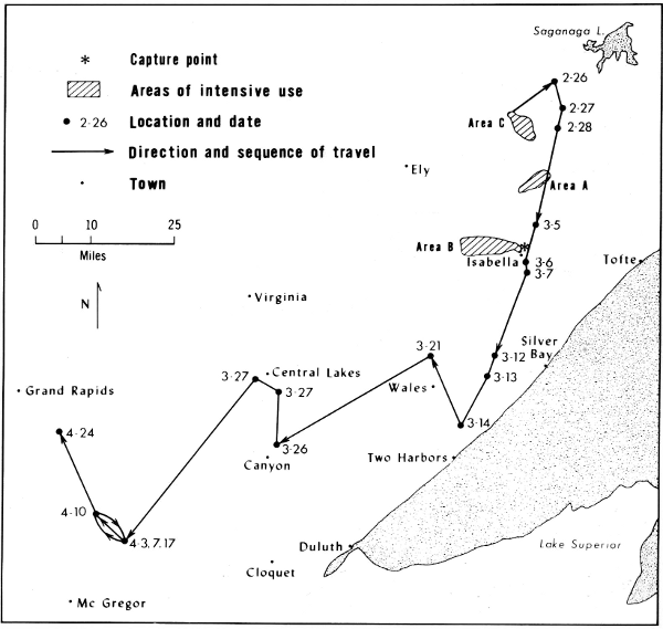 Figure 20.—Dispersal of wolf 1051. Lines merely
indicate sequence of locations. Only selected lakes are shown.