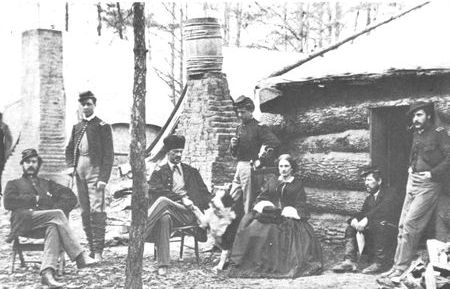 Log cabins often replaced tents during the winter months when campaigning
slackened and the armies settled down. In some camps it was not uncommon to
find visiting army wives.