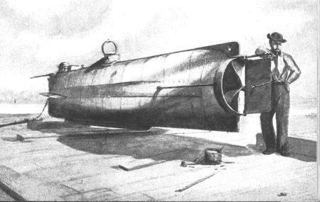 The C.S.S. Hunley, a completely submersible craft, was hand-propelled by a crew
of eight. The 25-foot submarine sank off Charleston along with her first and
only victim, the U.S.S. Housatonic.