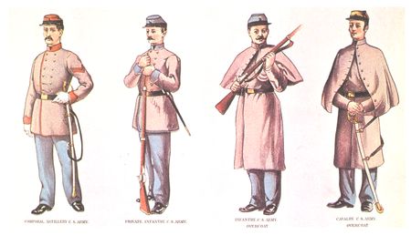 C.S. Army Uniforms (CORPORAL, ARTILLERY; PRIVATE, INFANTRY; INFANTRY OVERCOAT; CAVALRY OVERCOAT)