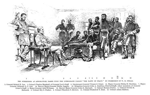 THE SURRENDER AT APPOMATTOX; BASED UPON THE LITHOGRAPH CALLED "THE DAWN OF PEACE." BY PERMISSION OF W. H. STELLE.