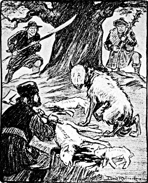 The Kaiser as a wolf with Serbia, Belgium and Luxenburg as
       slaughtered sheep