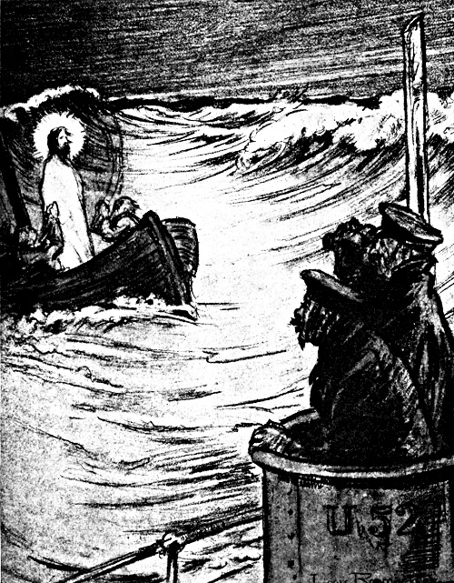 Jesus in a boat approaching a German submarine
