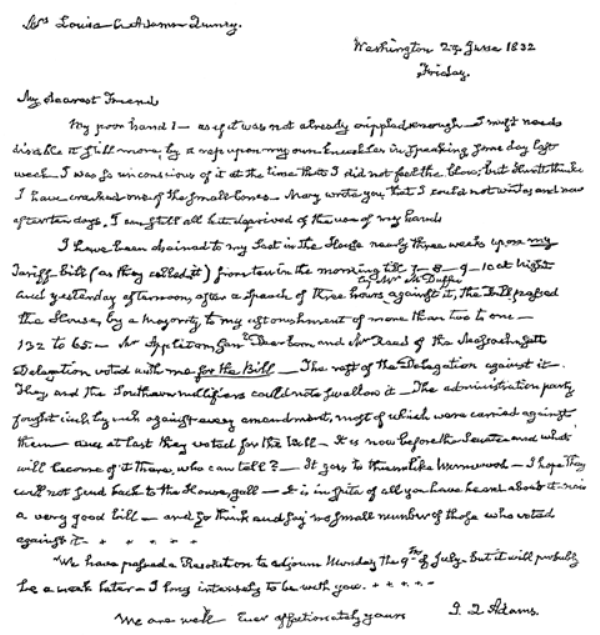 John Quincy Adams fac-simile of letter
