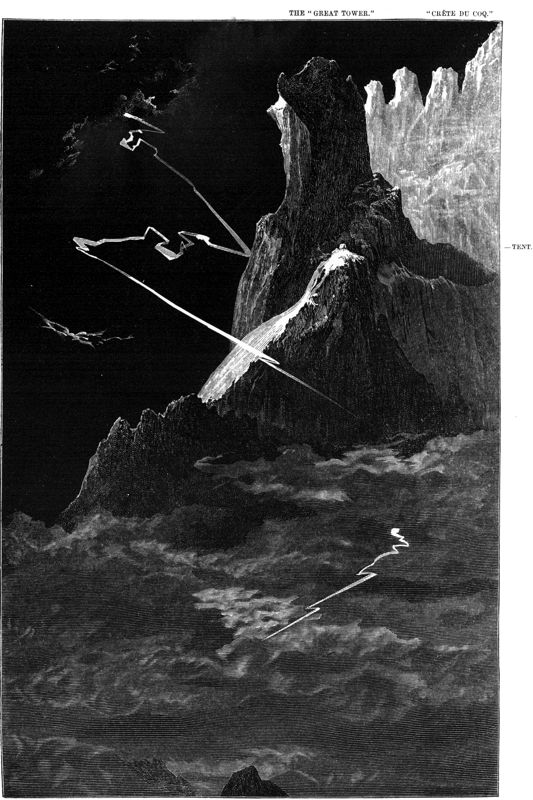 Illustration: The crags of the Matterhorn, during the storm, midnight, Aug. 10, 1863