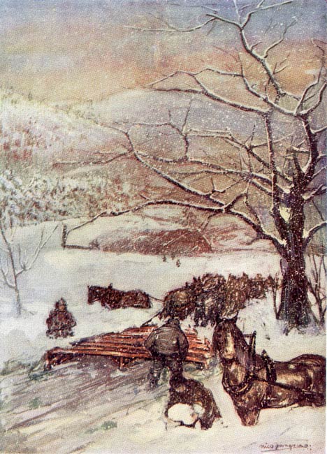 SNOW PLOUGH DRAWN BY EIGHT OR TEN HORSES