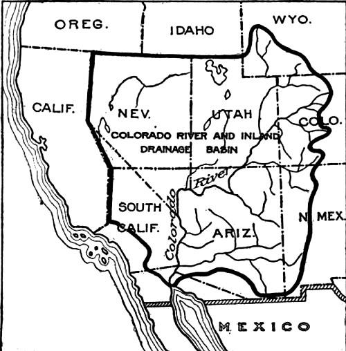 Map showing the Drainage Basin of the Colorado River and the
Corrected Boundary Line and Neutral Zone between the United States and
Mexico.

The area of the Drainage Basin of the Colorado River is 265,000 square
miles. Japan has an area of 147,655 square miles. That is a territory
smaller than the area of the Colorado River Drainage Basin in Arizona and
New Mexico.