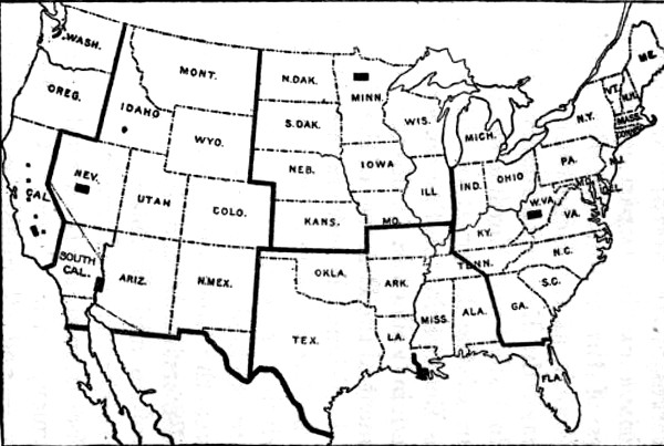 Map showing Territorial Divisions and Locations of the
Departments of the National Homecroft Reserves. Also showing the Corrected
Mexican Boundary Line and Neutral Zone between the United States and
Mexico, and the New State of South California.