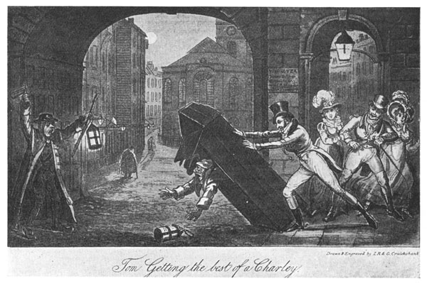 Tom, Getting the best of a Charley.

From "Life in London," by Pierce Egan, 1821.
