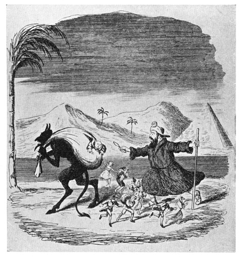 LEGEND OF ST MEDARD. The Saint has slit the bag in
which the fiend is carrying children. From "The Ingoldsby
Legends," 1842.