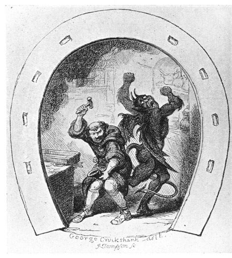 SHOEING THE DEVIL. From Edward G. Flight's "The True
Legend of St Dunstan and the Devil," 1848.
