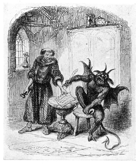 THE DEVIL SIGNING. From Edward G Flight's "The
True Legend of St Dunstan and the Devil," 1848.