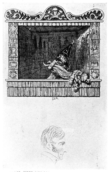 PUNCH THROWING AWAY THE BODY OF
THE SERVANT. From "Punch and Judy,"
1828 (early proof). The portrait of George Cruikshank
below his initials does not appear in the
book.