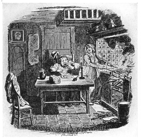 EXCHANGE NO ROBBERY. From "Points of Humour,"
1823. The unfaithful wife has concealed her lover in the clock.
The husband, who has unexpectedly returned, devours bacon
at 1 A.M., while she is in an agony of apprehension.
