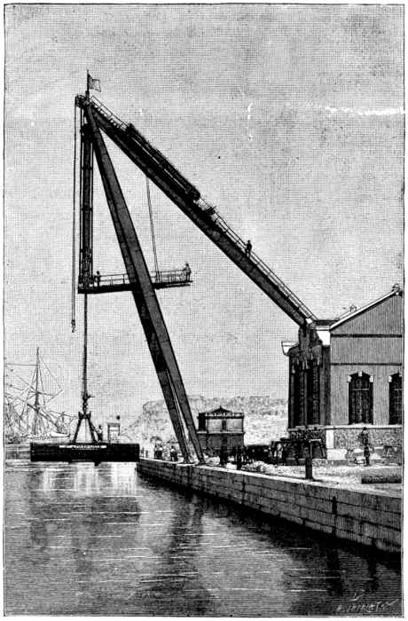 A crane picking up a barge.