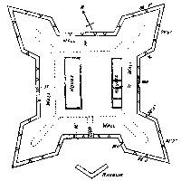 PLAN OF FORT PRINCE OF WALES.
By J. B. Tyrrell. 1894.
Walls, 37 to 42 feet thick, 16 feet 9 inches high.
Scale: 80 feet = 1 inch.