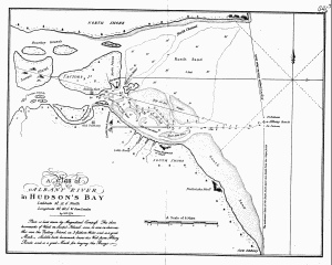 A Plan of
ALBANY RIVER
in Hudson's Bay
Latitude 52.12'.0" North
Longitude 82.40'.0" W. from London
by S.H. 1774
Plan is laid down by Magnetical Compass. The three
hummocks of Wood on Sawpit Island can be seen in clear weather
over the Factory Island, in 3 fathom Water, and is a good
Mark. Saddle-back hummock bears due West from Albany
Roads and is a good Mark for laying the Buoys.