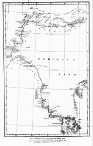 MAP OF COPPERMINE RIVER as surveyed by SIR JOHN FRANKLIN IN 1821
Scale—14½ miles in 1 inch
References—t Observation for Latitude. O Observation for Longitude. Y Variation. T Dip.
From Franklin's "Narrative of a Journey to the Shores of the Polar Sea"