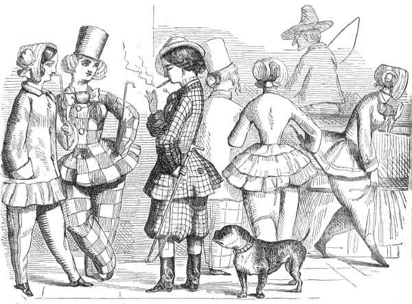 Woman in quasi-pants outfit, with bulldog, smoking and socializing in public.