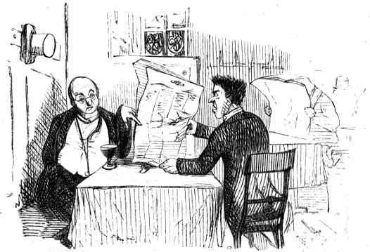 Two businessmen sharing table at inn.