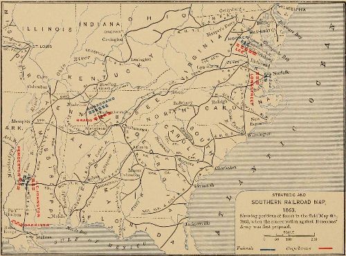 STRATEGIC AND SOUTHERN RAILROAD MAP, 1863. Showing positions of forces in the field May 4th, 1863, when the concentration against Rosecrans’ Army was first proposed.