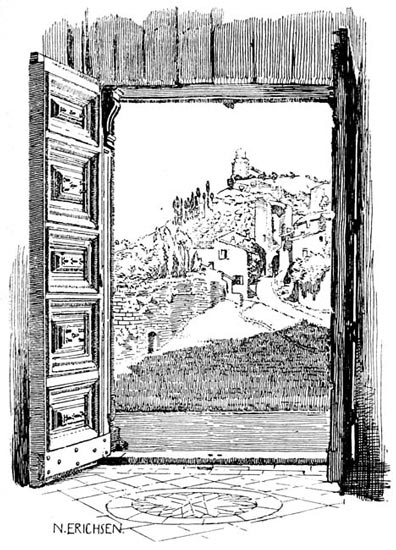 LOOKING THROUGH THE DOORS OF THE UPPER CHURCH TOWARDS
THE PORTA S. GIACOMO AND THE CASTLE