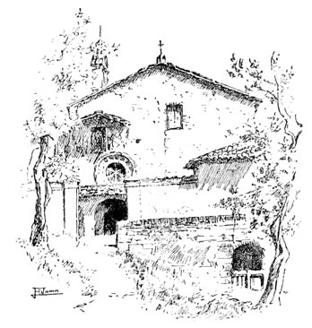 SAN DAMIANO, SHOWING THE WINDOW WITH
THE LEDGE WHENCE ST. CLARE ROUTED
THE SARACENS