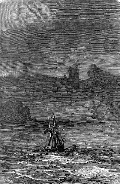 Het eiland leverde door die dikke gordijn van regen heen
een akelig gezigt op.